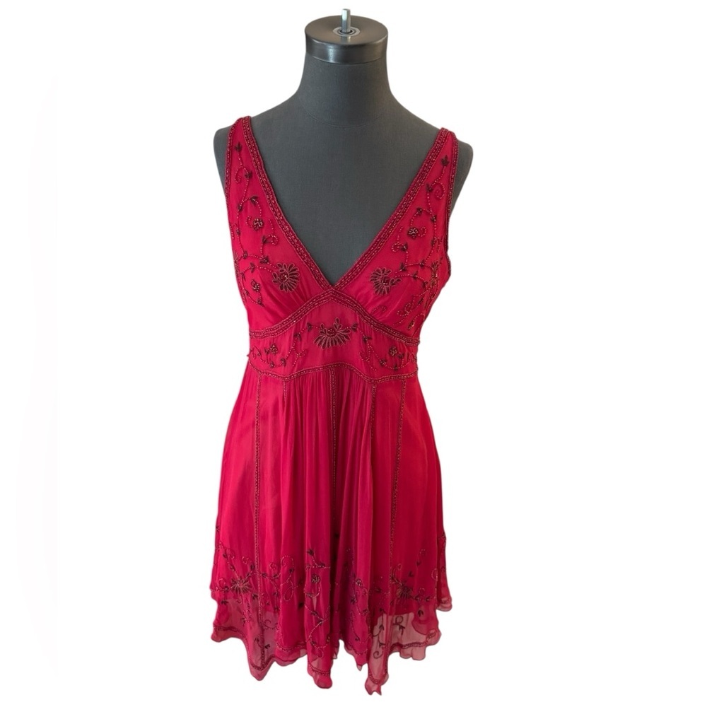 Adrianna Papell Vintage Beaded Red Silk Dress 8 Petite